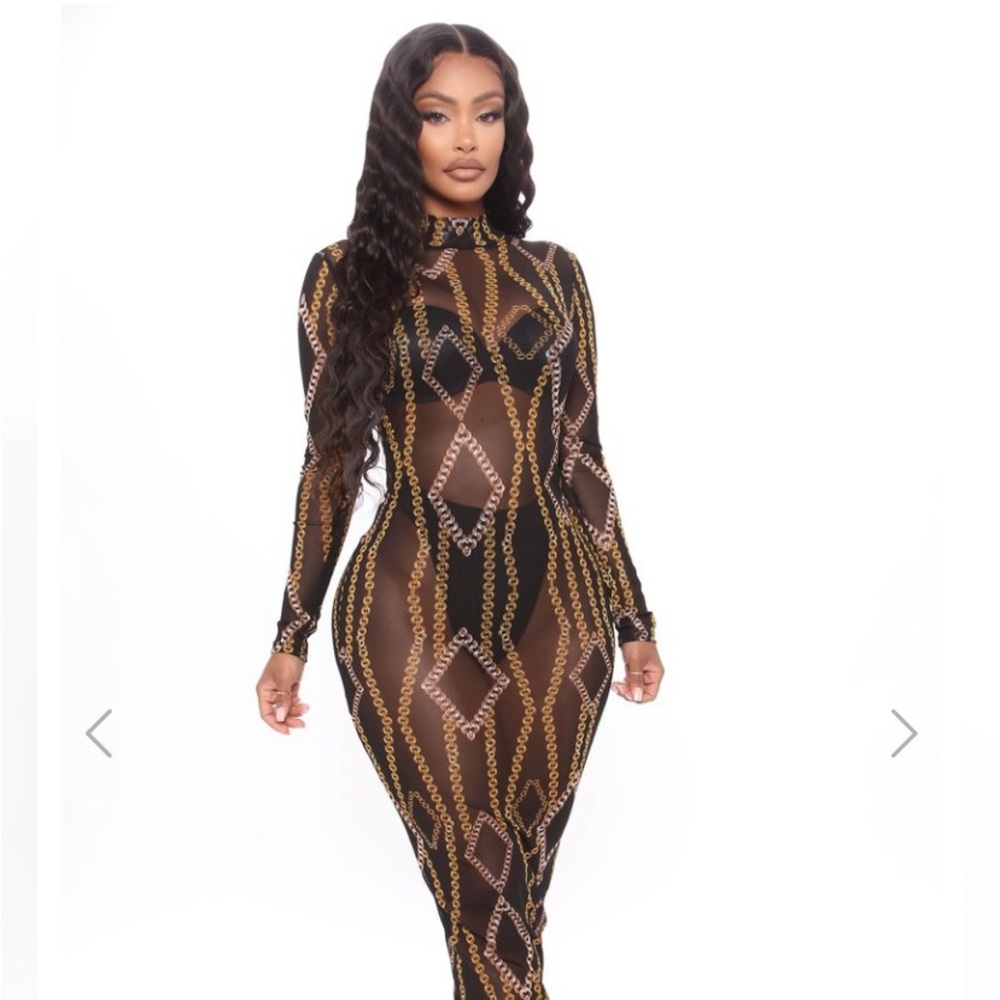 Fashion Nova Black and Gold Chain Pattern Dress